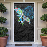 Hawaiian Couple Turtles Honi Door Cover Polynesian Art Motifs and Hibiscus Black Blue Color LT03 Black - Polynesian Pride