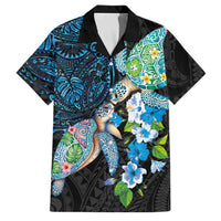Hawaiian Couple Turtles Honi Family Matching Off The Shoulder Long Sleeve Dress and Hawaiian Shirt Polynesian Art Motifs and Hibiscus Black Blue Color LT03 Dad's Shirt - Short Sleeve Black - Polynesian Pride