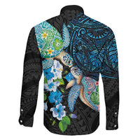 Hawaiian Couple Turtles Honi Family Matching Off The Shoulder Long Sleeve Dress and Hawaiian Shirt Polynesian Art Motifs and Hibiscus Black Blue Color LT03 - Polynesian Pride