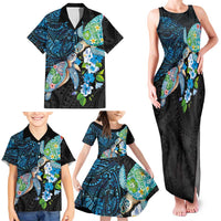 Hawaiian Couple Turtles Honi Family Matching Tank Maxi Dress and Hawaiian Shirt Polynesian Art Motifs and Hibiscus Black Blue Color LT03 - Polynesian Pride