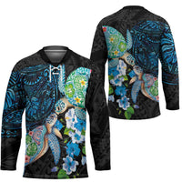 Hawaiian Couple Turtles Honi Hockey Jersey Polynesian Art Motifs and Hibiscus Black Blue Color LT03 - Polynesian Pride