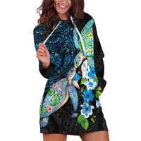 Hawaiian Couple Turtles Honi Hoodie Dress Polynesian Art Motifs and Hibiscus Black Blue Color LT03 Black - Polynesian Pride