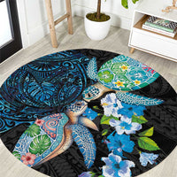 Hawaiian Couple Turtles Honi Round Carpet Polynesian Art Motifs and Hibiscus Black Blue Color - Polynesian Pride