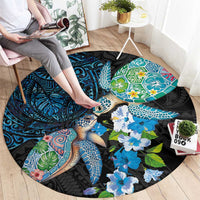 Hawaiian Couple Turtles Honi Round Carpet Polynesian Art Motifs and Hibiscus Black Blue Color - Polynesian Pride