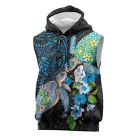Hawaiian Couple Turtles Honi Sleeveless Hoodie Polynesian Art Motifs and Hibiscus Black Blue Color LT03 Black - Polynesian Pride