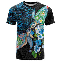 Hawaiian Couple Turtles Honi T Shirt Polynesian Art Motifs and Hibiscus Black Blue Color LT03 Black - Polynesian Pride