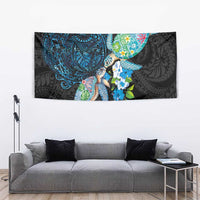 Hawaiian Couple Turtles Honi Tapestry Polynesian Art Motifs and Hibiscus Black Blue Color LT03 - Polynesian Pride