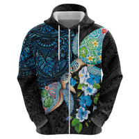 Hawaiian Couple Turtles Honi Zip Hoodie Polynesian Art Motifs and Hibiscus Black Blue Color LT03 - Polynesian Pride
