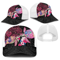 Hawaiian Couple Turtles Honi Baseball Net Cap Polynesian Art Motifs and Hibiscus Black Red Color - Polynesian Pride