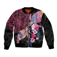 Hawaiian Couple Turtles Honi Bomber Jacket Polynesian Art Motifs and Hibiscus Black Red Color LT03 Unisex Black - Polynesian Pride