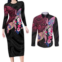 Hawaiian Couple Turtles Honi Couples Matching Long Sleeve Bodycon Dress and Long Sleeve Button Shirt Polynesian Art Motifs and Hibiscus Black Red Color LT03 Black - Polynesian Pride