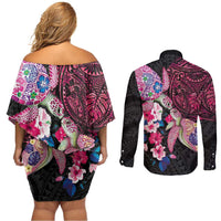 Hawaiian Couple Turtles Honi Couples Matching Off Shoulder Short Dress and Long Sleeve Button Shirt Polynesian Art Motifs and Hibiscus Black Red Color LT03 - Polynesian Pride