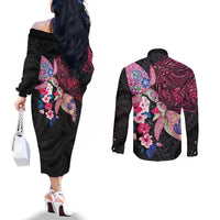 Hawaiian Couple Turtles Honi Couples Matching Off The Shoulder Long Sleeve Dress and Long Sleeve Button Shirt Polynesian Art Motifs and Hibiscus Black Red Color LT03 - Polynesian Pride