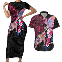Hawaiian Couple Turtles Honi Couples Matching Short Sleeve Bodycon Dress and Hawaiian Shirt Polynesian Art Motifs and Hibiscus Black Red Color LT03 Black - Polynesian Pride