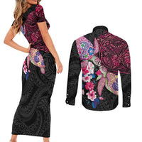 Hawaiian Couple Turtles Honi Couples Matching Short Sleeve Bodycon Dress and Long Sleeve Button Shirt Polynesian Art Motifs and Hibiscus Black Red Color LT03 - Polynesian Pride