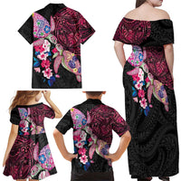 Hawaiian Couple Turtles Honi Family Matching Off Shoulder Maxi Dress and Hawaiian Shirt Polynesian Art Motifs and Hibiscus Black Red Color LT03 - Polynesian Pride