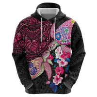 Hawaiian Couple Turtles Honi Hoodie Polynesian Art Motifs and Hibiscus Black Red Color LT03 - Polynesian Pride