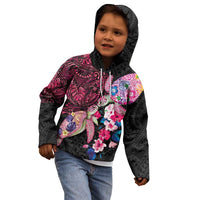 Hawaiian Couple Turtles Honi Kid Hoodie Polynesian Art Motifs and Hibiscus Black Red Color LT03 - Polynesian Pride