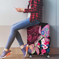 Hawaiian Couple Turtles Honi Luggage Cover Polynesian Art Motifs and Hibiscus Black Red Color LT03 - Polynesian Pride