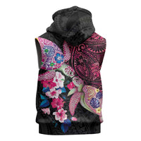 Hawaiian Couple Turtles Honi Sleeveless Zip Hoodie Polynesian Art Motifs and Hibiscus Black Red Color LT03 - Polynesian Pride