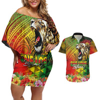 Hawaiian Reggae Couples Matching Off Shoulder Short Dress and Hawaiian Shirt Jawaiian One Love-Tribal Tatoos and Rastafari Lion LT03 Multicolor - Polynesian Pride