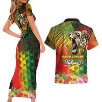 Hawaiian Reggae Couples Matching Short Sleeve Bodycon Dress and Hawaiian Shirt Jawaiian One Love-Tribal Tatoos and Rastafari Lion LT03 - Polynesian Pride