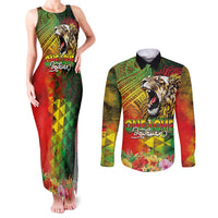 Hawaiian Reggae Couples Matching Tank Maxi Dress and Long Sleeve Button Shirt Jawaiian One Love-Tribal Tatoos and Rastafari Lion LT03 Multicolor - Polynesian Pride