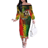 Hawaiian Reggae Family Matching Off The Shoulder Long Sleeve Dress and Hawaiian Shirt Jawaiian One Love-Tribal Tatoos and Rastafari Lion LT03 Mom's Dress Multicolor - Polynesian Pride