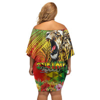 Hawaiian Reggae Off Shoulder Short Dress Jawaiian One Love-Tribal Tatoos and Rastafari Lion LT03 - Polynesian Pride