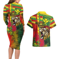 Hawaiian Reggae Couples Matching Long Sleeve Bodycon Dress and Hawaiian Shirt Kakau Art Motifs with Ohia Lehua and Rastafari Lion LT03 - Polynesian Pride