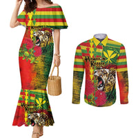 Hawaiian Reggae Couples Matching Mermaid Dress and Long Sleeve Button Shirt Kakau Art Motifs with Ohia Lehua and Rastafari Lion LT03 Multicolor - Polynesian Pride