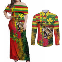 Hawaiian Reggae Couples Matching Off Shoulder Maxi Dress and Long Sleeve Button Shirt Kakau Art Motifs with Ohia Lehua and Rastafari Lion LT03 Multicolor - Polynesian Pride