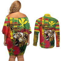 Hawaiian Reggae Couples Matching Off Shoulder Short Dress and Long Sleeve Button Shirt Kakau Art Motifs with Ohia Lehua and Rastafari Lion LT03 - Polynesian Pride