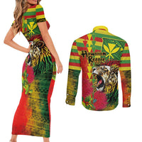 Hawaiian Reggae Couples Matching Short Sleeve Bodycon Dress and Long Sleeve Button Shirt Kakau Art Motifs with Ohia Lehua and Rastafari Lion LT03 - Polynesian Pride