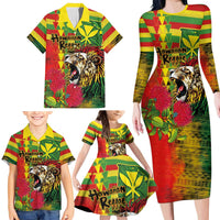 Hawaiian Reggae Family Matching Long Sleeve Bodycon Dress and Hawaiian Shirt Kakau Art Motifs with Ohia Lehua and Rastafari Lion LT03 - Polynesian Pride