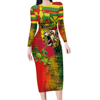 Hawaiian Reggae Family Matching Long Sleeve Bodycon Dress and Hawaiian Shirt Kakau Art Motifs with Ohia Lehua and Rastafari Lion LT03 Mom's Dress Multicolor - Polynesian Pride
