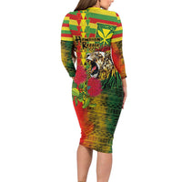 Hawaiian Reggae Family Matching Long Sleeve Bodycon Dress and Hawaiian Shirt Kakau Art Motifs with Ohia Lehua and Rastafari Lion LT03 - Polynesian Pride