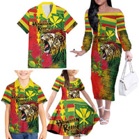 Hawaiian Reggae Family Matching Off The Shoulder Long Sleeve Dress and Hawaiian Shirt Kakau Art Motifs with Ohia Lehua and Rastafari Lion LT03 - Polynesian Pride