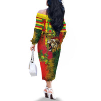 Hawaiian Reggae Family Matching Off The Shoulder Long Sleeve Dress and Hawaiian Shirt Kakau Art Motifs with Ohia Lehua and Rastafari Lion LT03 - Polynesian Pride