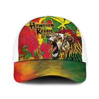 Hawaiian Reggae Mesh Trucker Cap Kakau Art Motifs with Ohia Lehua and Rastafari Lion - Polynesian Pride