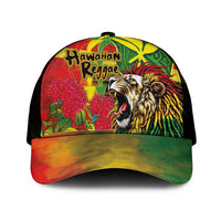 Hawaiian Reggae Mesh Trucker Cap Kakau Art Motifs with Ohia Lehua and Rastafari Lion - Polynesian Pride