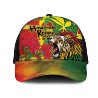 Hawaiian Reggae Mesh Trucker Cap Kakau Art Motifs with Ohia Lehua and Rastafari Lion - Polynesian Pride
