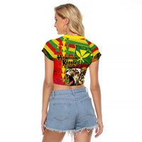 Hawaiian Reggae Raglan Cropped T Shirt Kakau Art Motifs with Ohia Lehua and Rastafari Lion LT03 - Polynesian Pride