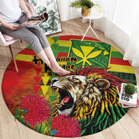 Hawaiian Reggae Round Carpet Kakau Art Motifs with Ohia Lehua and Rastafari Lion - Polynesian Pride