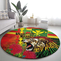 Hawaiian Reggae Round Carpet Kakau Art Motifs with Ohia Lehua and Rastafari Lion - Polynesian Pride