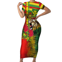 Hawaiian Reggae Short Sleeve Bodycon Dress Kakau Art Motifs with Ohia Lehua and Rastafari Lion LT03 Long Dress Multicolor - Polynesian Pride
