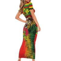 Hawaiian Reggae Short Sleeve Bodycon Dress Kakau Art Motifs with Ohia Lehua and Rastafari Lion LT03 - Polynesian Pride