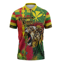 Hawaiian Reggae Zipper Polo Shirt Kakau Art Motifs with Ohia Lehua and Rastafari Lion LT03 Multicolor - Polynesian Pride