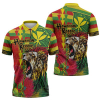 Hawaiian Reggae Zipper Polo Shirt Kakau Art Motifs with Ohia Lehua and Rastafari Lion LT03 - Polynesian Pride