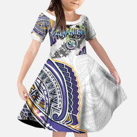 Traditional Art Hawaiian Kakau Tattoos Family Matching Off The Shoulder Long Sleeve Dress and Hawaiian Shirt Graffiti Style LT03 Daughter's Dress White - Polynesian Pride
